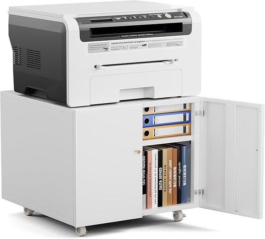 Warmiehomy Metal Printer Stand with Storage Mobile Printer Tables for Small Spaces with Door Adjustable Shelf White File Cabinet on Wheels for Home Office-DeskLoop Office