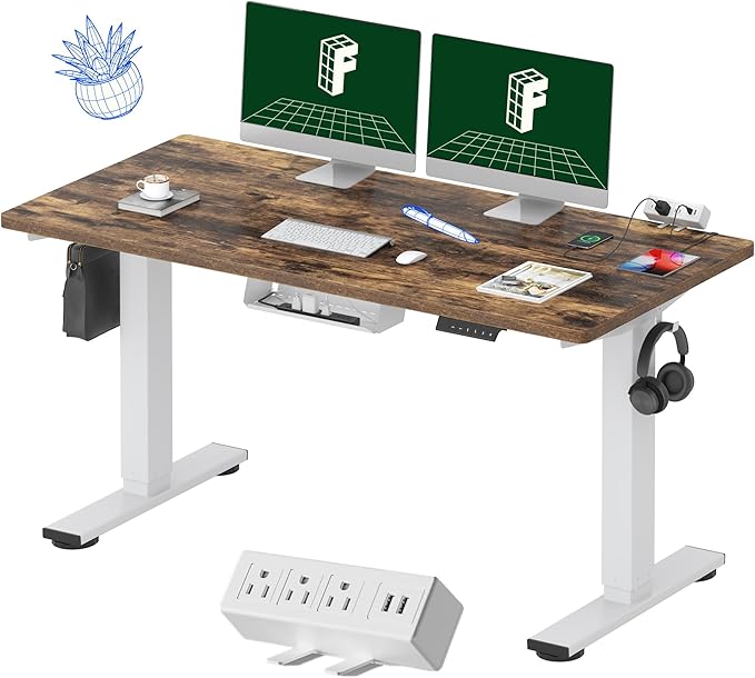 FLEXISPOT EN2 Whole-Piece Standing Desk with Clamp Power Strip, 55 x 28 Electric Stand Up Height Adjustable Desk with Cable Management (White Frame + 55" Rustic Brown Desktop, 2 Packages)-DeskLoop Office