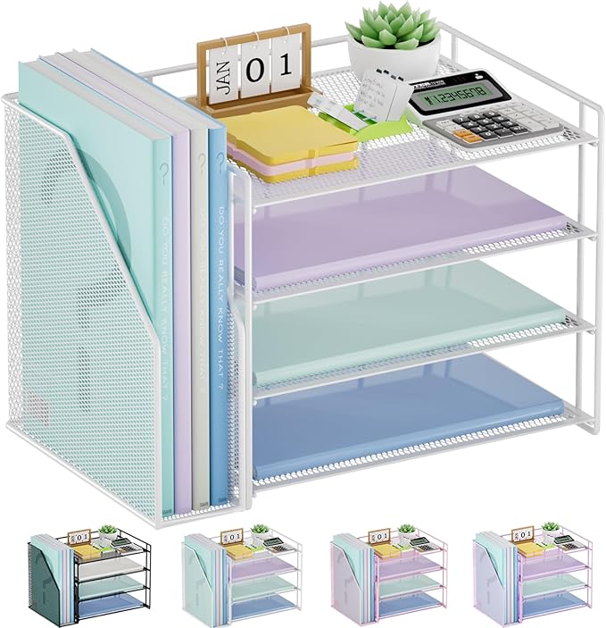 Marbrasse Desk Organizer and Accessories,4-Tier Paper Letter Tray Organizer with File Holder,Desk Accessories & Workspace Desktop Organizers for School Home Office Supplies (White)
