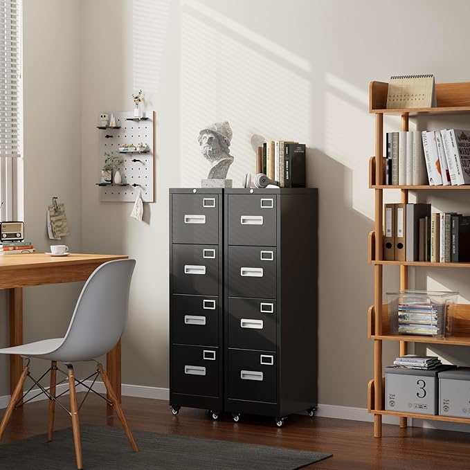 Aobabo 56" H 4 Drawer Moblie File Cabinet with Lock, Metal File Cabinet for Home Office with Wheels, Storage Legal/Letter A4 Size, Black, Assembly Required-DeskLoop Office