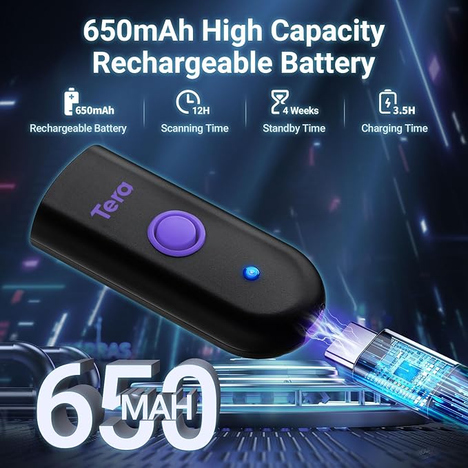 Tera Mini 1D Barcode Scanner: Pocket Waterproof Wireless Laser Scanner 3 in 1 Compatible with Bluetooth USB Wired Portable Bar Code Reader for Logistics Work with iOS Windows Android 1100L Purple-DeskLoop Office