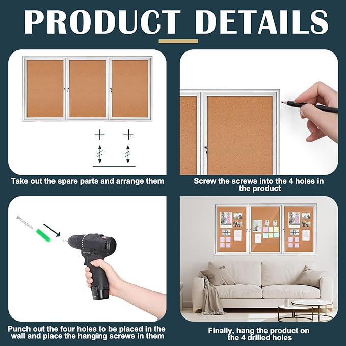 72" x 36" Enclosed Bulletin Board Outdoor 3 Door Weatherproof Tamper-Proof Enclosed Cork Board with Lock Aluminum Frame Display Case for Back to School, Office Commercial, 18xA4(Wood Color)-DeskLoop Office