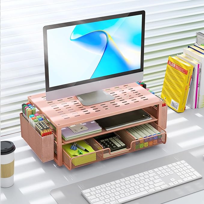 gianotter Desk Organizers and Accessories, Monitor Stand with Drawer and 2 Pen Holder, Desktop Organizer Suitable for Offices and Dormitories (Rose Gold)-DeskLoop Office