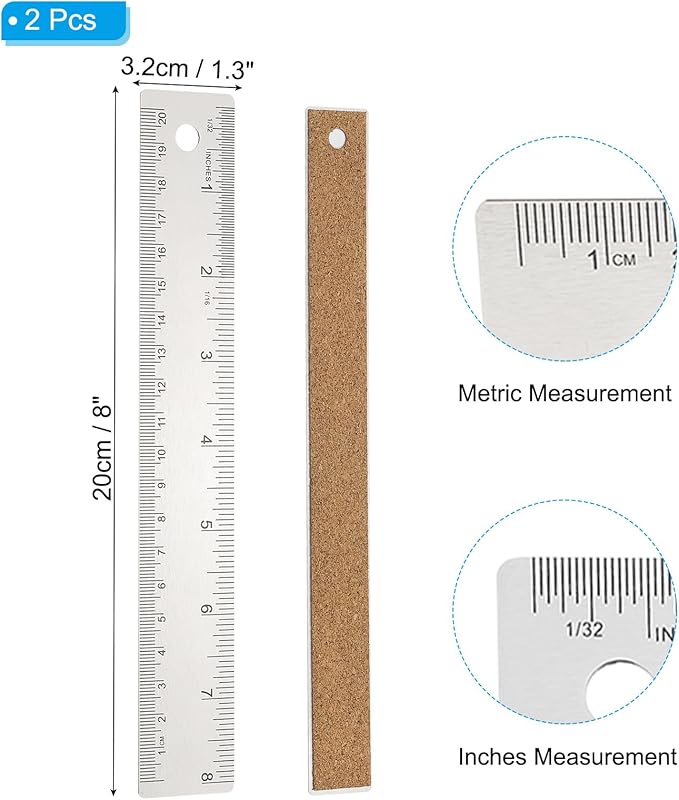 PATIKIL 8 Inch Stainless Steel Ruler Straight Edge Ruler, 2 Pcs Cork Backing Non-Slip Metal Ruler with Inches Centimeter Metric Measuring Tools for Office-DeskLoop Office