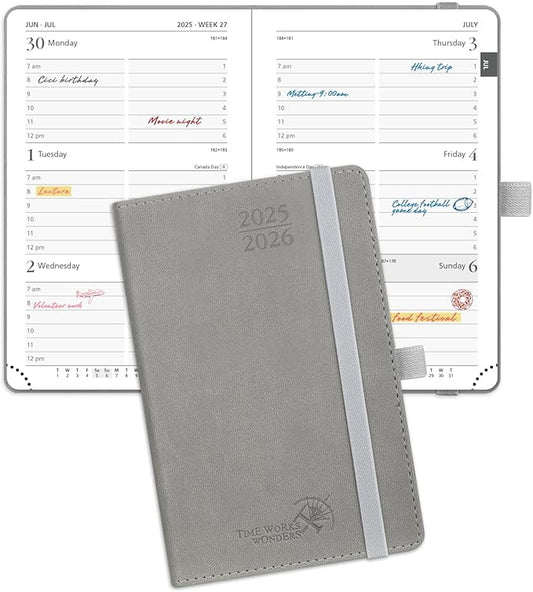 POPRUN Pocket Planner 2025-2026 (Purse Size 4'' x 6.25'') Academic Small Calendar (July 2025 - June 2026) with Hourly Time Slots, 100GSM Thick Papers, Leather Soft Cover - Grey-DeskLoop Office