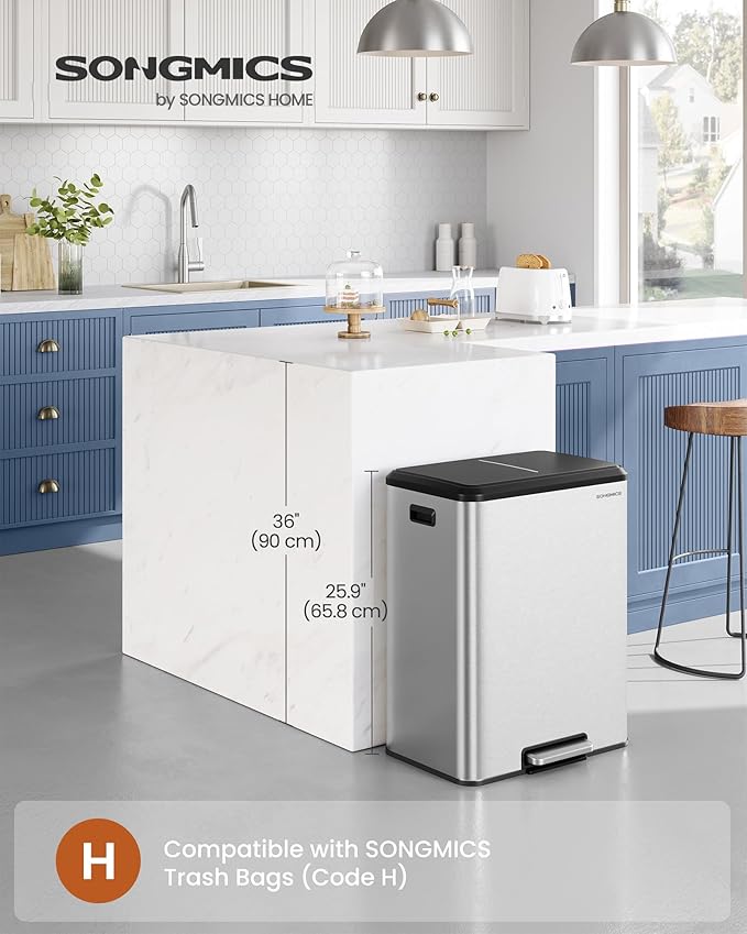 SONGMICS Trash Can, 2 x 8 Gallon (2 x 30 L) Double Garabge Can for Recycling and Waste, Stainless Steel, Soft-Close Lid, Inner Buckets, Wide Sturdy Pedal, Metallic Silver ULTB556E01-DeskLoop Office