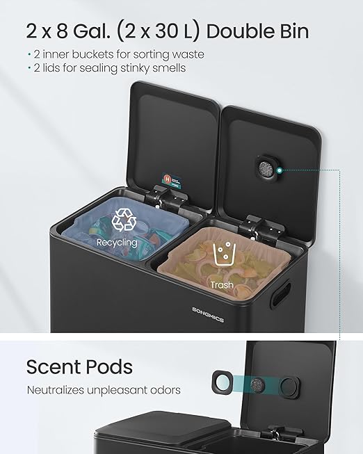 SONGMICS Trash Can, 2 x 8 Gallon (2 x 30 L) Double Garbage Can with Soft-Close Lids, Removable Inner Buckets, Pedals, Stainless Steel, for Waste and Recycling, Ink Black ULTB743B01-DeskLoop Office