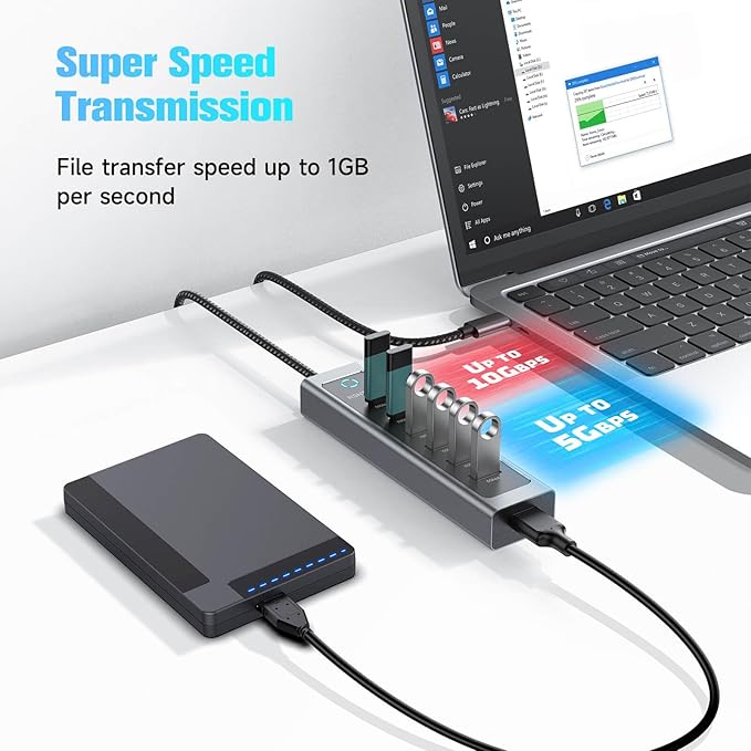 RSHTECH 7-Port USB C Hub Splitter 10Gbps with 3 USB-3.2 (2C + 1A), 4 USB-3.0 Ports and 2ft Long Cable, Aluminum USB-C Hub Multiport Adapters for Laptop and More, RSH-T17C-DeskLoop Office