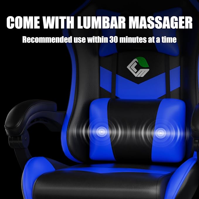 Gaming Chair, Ergonomic Office Computer Chair with Footrest and Lumbar Support Massager Racing Style High Back Video Gamer Chair, Wide&Thick Cushion, 90°-135° Recline, Adjustable Height, Blue-DeskLoop Office