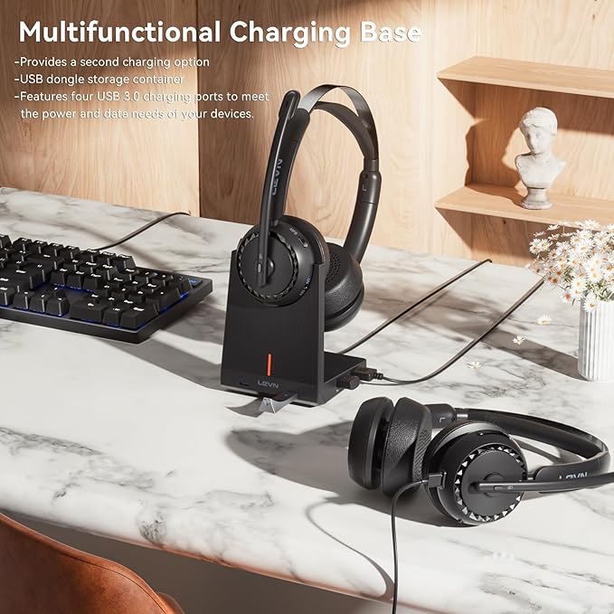 LEVN Wireless Headset, Wireless Headset with Mic for Work, AI Noise Cancelling, 65 Hrs Working Time, Bluetooth Headphones with Microphone from Home/Computer/Call Center/Teams-DeskLoop Office