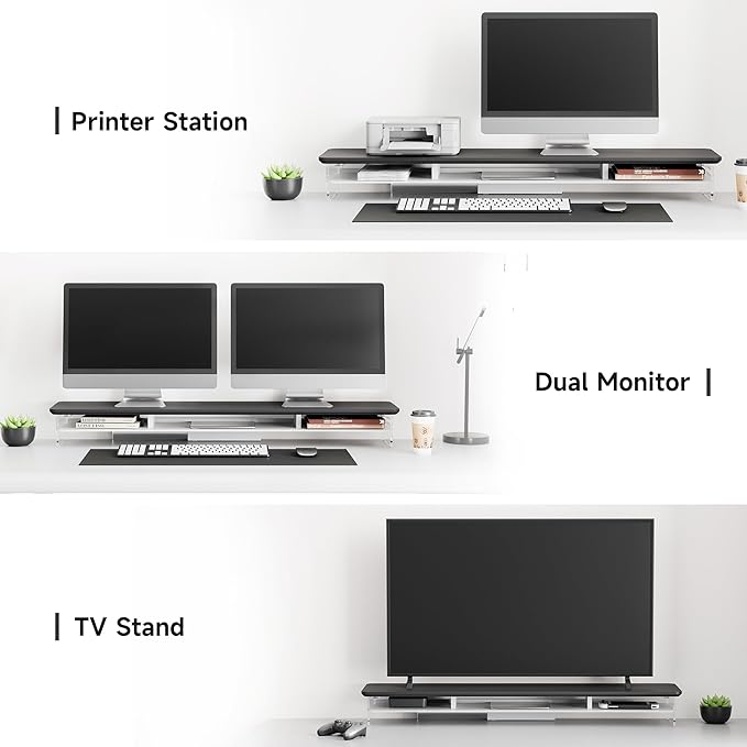Fenge Acrylic Monitor Stand Riser, 42.5 Inches Dual Monitor Stand with Metal Storage, 2 Tier Acrylic Computer Riser for Desk, Clear Laptop Stand for PC, Laptop, Printer, TV, Black-DeskLoop Office