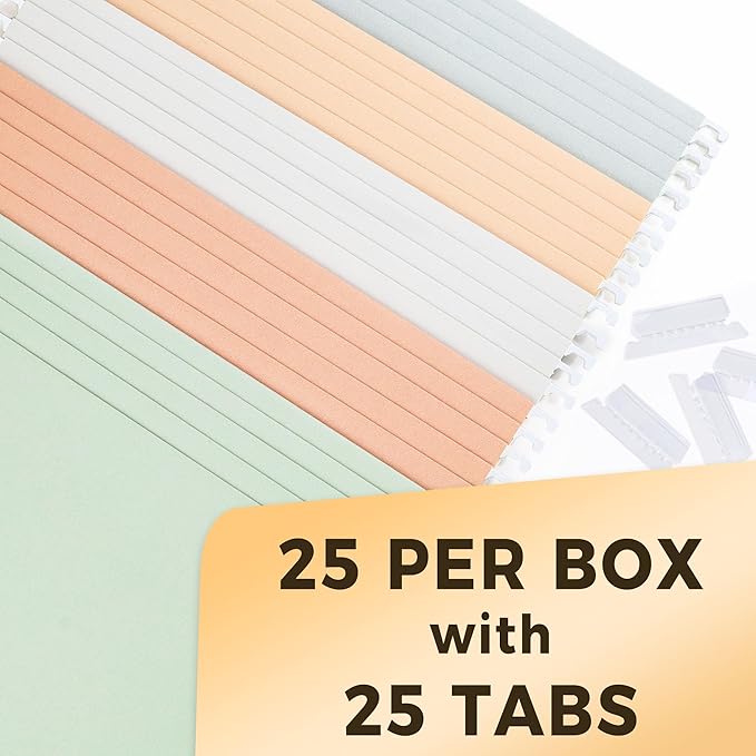 SUNEE 25 Count Hanging File Folders, Pastel Colors, Hanging File Folders Letter Size, Hanging Folders with 1/5-cut Tabs, Designed for Bulky Files, Filing Cabinets, Medical Charts-DeskLoop Office