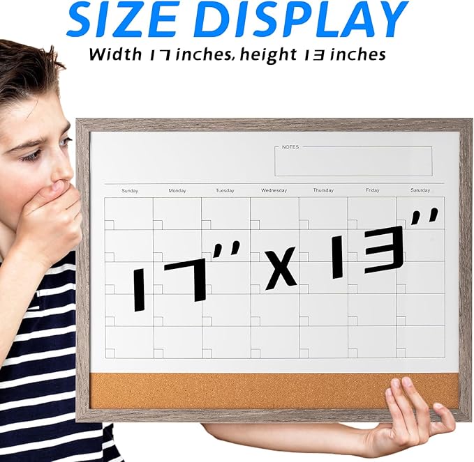 Dry Erase Calendar Whiteboard, 17" x 13" Magnetic Whiteboard Cork Board Combo, Reusable Monthly Planner with 8 Markers, Eraser, Magnets and Push Pins to Hang Dry Erase Board for Home, School - Gray-DeskLoop Office
