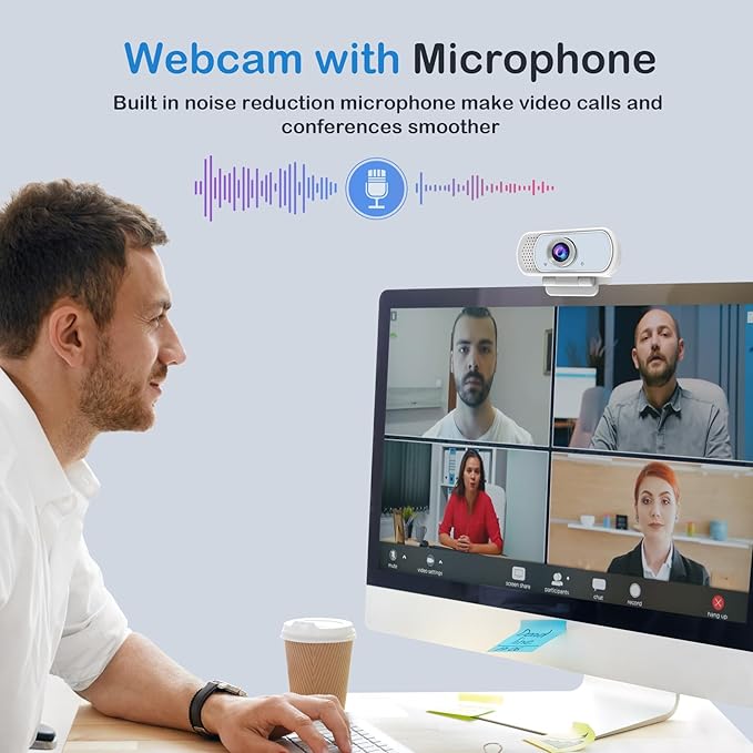 1080p White Webcam with Microphone, USB Web Camera 110-Degree View Angle Computer Camera,Webcam Tripod/Privacy Cover/USB C Adapter Include,Plug and Play Web Cam for Video Conferencing Streaming-DeskLoop Office