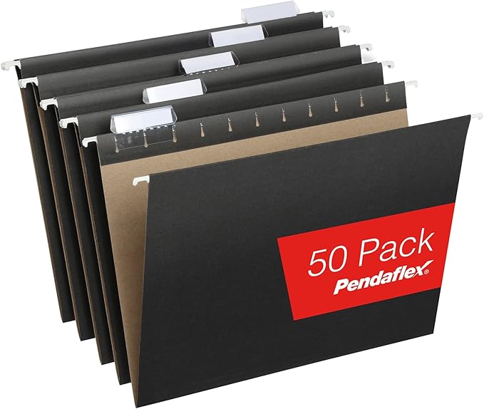 Pendaflex Black Hanging File Folders, 8.5 X 11 Letter Size with 1/5 Cut Adjustable Tabs - 50 Pack-DeskLoop Office