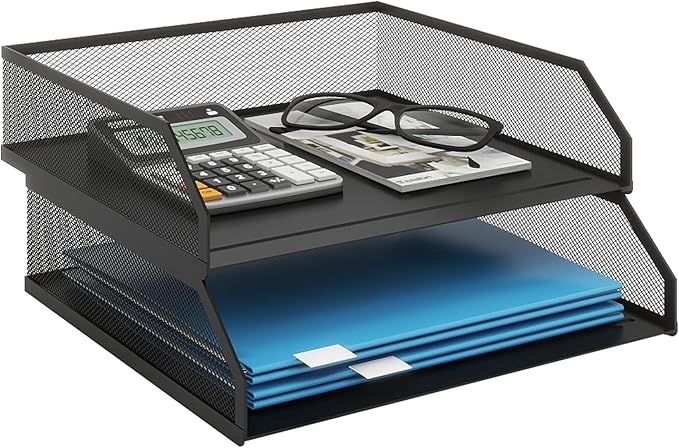 Natwind 2-Tier Stackable Paper Tray, Metal Mesh Desktop Organizer, A4 Desk Organizer, Stackable Letter Trays,File Folder Sorter Organizer with Sliding Tray for Home, Office, School (Black)-DeskLoop Office