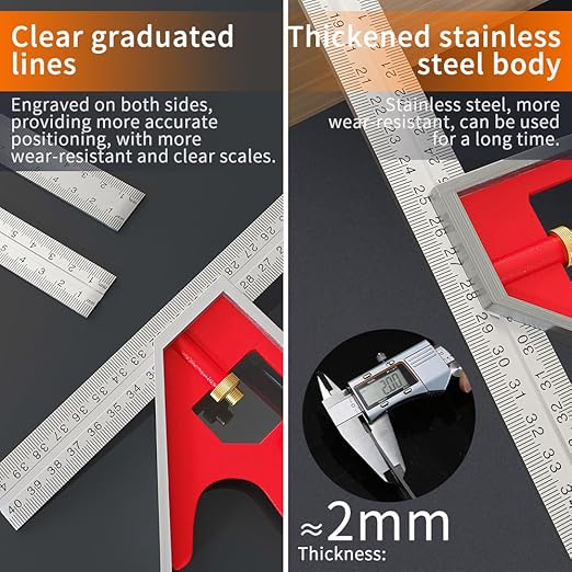 BAUSATZ Combination Square 400mm Carpenter Square Woodworking Square Ruler Protractor Angle Finder Combo Square Tool 180° Angle Ruler Carpenter Tool Combination Square Set with Bubble Level-DeskLoop Office