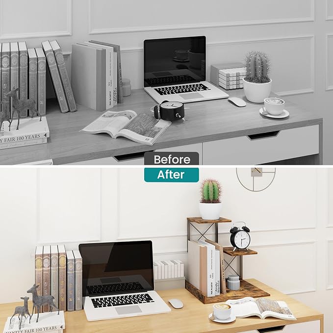 ELITEROO Desk Shelf Organizer, Wood Desktop Organizer Small Bookshelf, 3 Tier Storage Shelf Riser Display Stand for Office Decor and Desk Accessories, Rustic Brown Black-DeskLoop Office