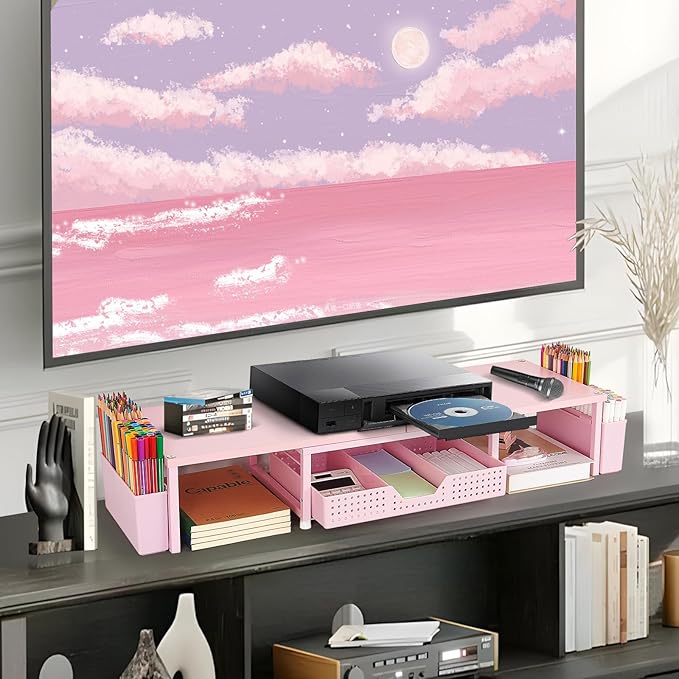 Desk Dual Monitor Stand Riser - Wood Desk Organizer with Drawer and Pen Holders, Office Desk Accessories & Workspace Organization, Computer Monitor Stand for Laptop Printer, Girl Pink-DeskLoop Office