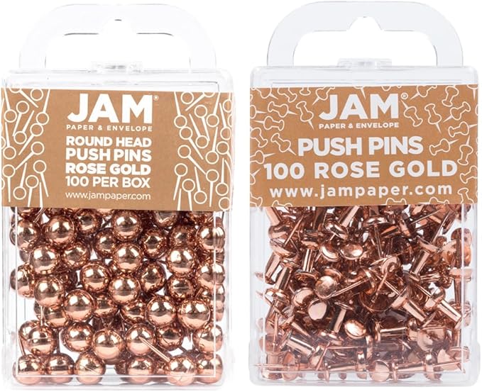 JAM PAPER Colorful Push Pins - Flat & Round Head Thumb Tack Combo Set - Rose Gold Pushpins - 200/Pack-DeskLoop Office