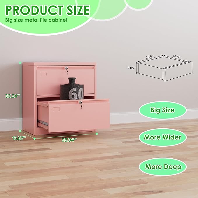 2 Drawer Lateral File Cabinet, Metal Wide Filing Cabinet with Independent Locks, Home Office Furniture for Hanging Files Letter/Legal/F4/A4 Size, Assembly Required, Pink-DeskLoop Office