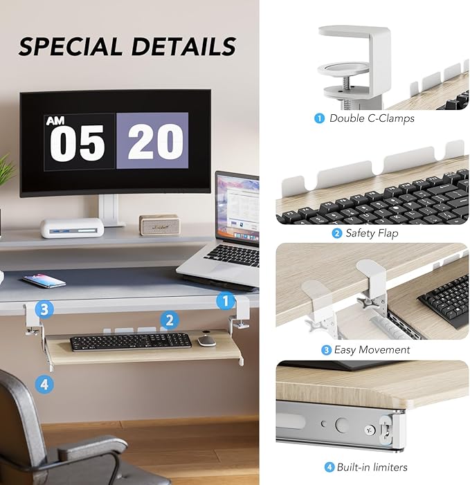 Keyboard Tray Under Desk Pull Out with Extra Sturdy C Clamp Mount System, 27.3 (32.5 inch Including Clamps) x 11 Inch Slide-Out Platform Computer Drawer for Typing Grain AX01WG01-DeskLoop Office