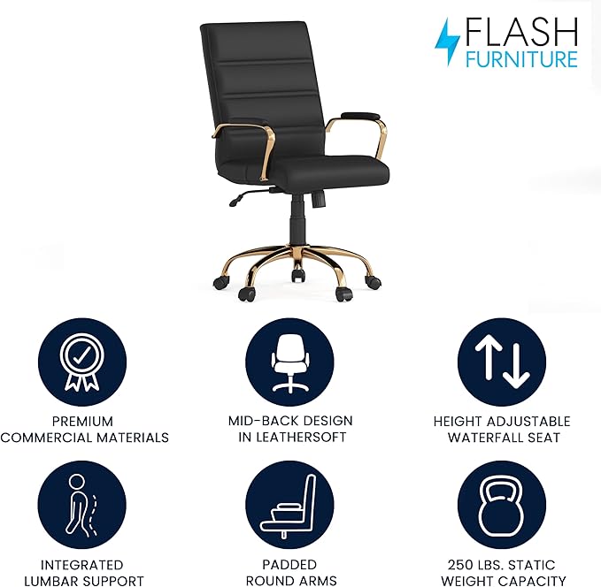 Flash Furniture Whitney Mid-Back Swivel LeatherSoft Desk Chair with Wheels, Padded Seat and Armrests, Adjustable Height Padded Office Chair, Black-DeskLoop Office