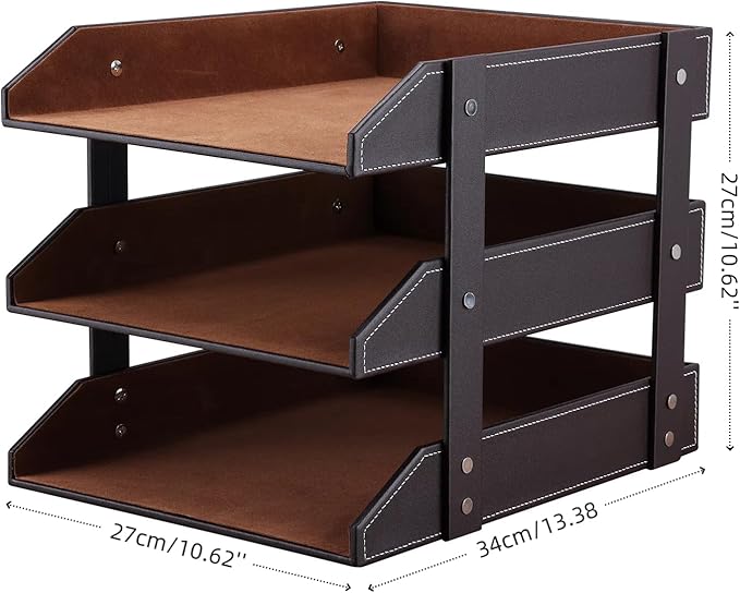 KINGFOM Letter Tray, Leather Paper Organizer Tray, Wooden Desk File Holder, Desktop File, Stackable Magazine Holder, Mail Sorter, Great for Home or Office - 3 Level Brown-DeskLoop Office