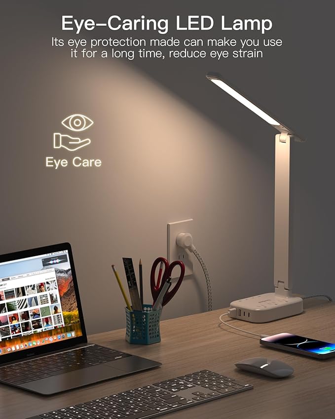 Power Strip with LED Desk Lamp, 3 Outlets 4 USB Ports(2 USBC) 4 Modes 5 Level Touch Lamp Small Desk Lamp for Home Office Bedroom Bedside, Study Reading Light, 5ft Extension Cord, Dorm Room Essentials-DeskLoop Office