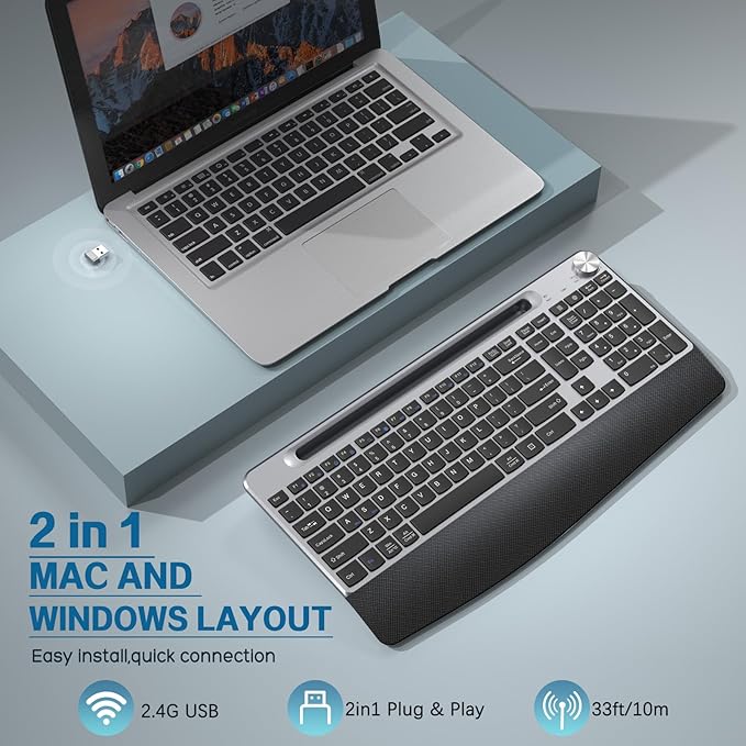 JOYACCESS Ergonomic Wireless Keyboard with Wrist Rest, Low-Profile,Phone Holder,2.4GHz Full Size Silent Cordless USB Computer Keyboard for Windows, Mac OS Desktop/Laptop/PC-Black Grey-DeskLoop Office