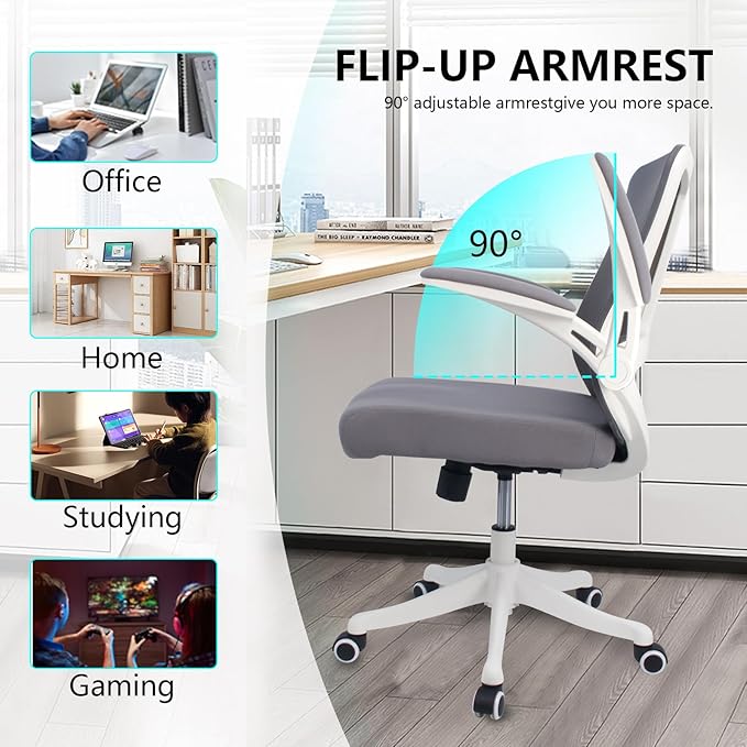 Ergonomic Comfort Home Desk Office Chair, Mid Back Computer Gaming Chair with Wheels, Adjustable Height, Lumbar Support, Flip-up Armrest with 350LBS Capacity (White Grey)-DeskLoop Office