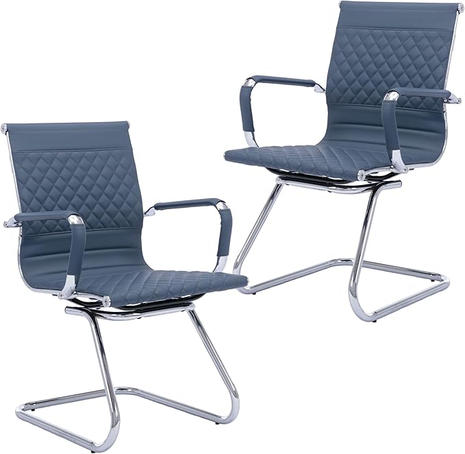Office Guest Chairs Reception Chairs Waiting Room Chairs Set of 2 Conference Room Chair with Mid Back, Modern PU Leather Desk Chairs, Navy-DeskLoop Office