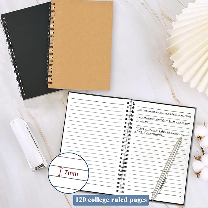 GINMLYDA Small Spiral Notebook A5, 2Pack 120 Lined Pages 8.25x5.5 Inches Spiral Journal Kraft Cover Notebooks & Writing Pads for School Home Office Aesthetic Sketch Drawing Note-DeskLoop Office