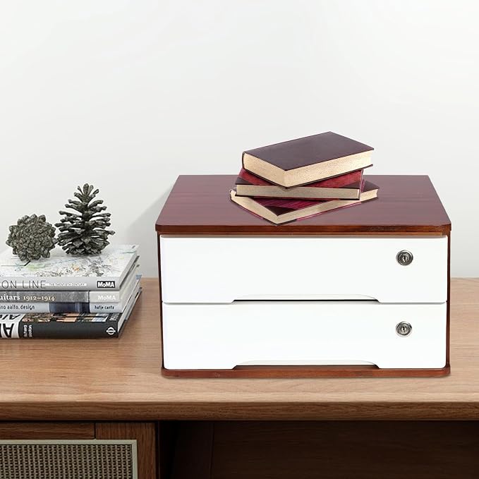 Lockable Desk Organizer Wooden Desktop Drawers Office Flat Files Storage Box - Image 9
