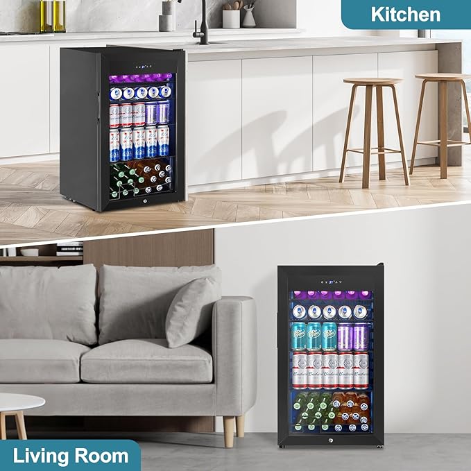 Beverage Refrigerator Cooler, 128 Cans 3.2 Cu.Ft Mini Fridge Glass Door for Drink Beer Soda Wine, Small Fridge with 4 Adjustable Removable Shelves for Kitchen, Bedroom, Office, Bar, Gaming Room, Black-DeskLoop Office