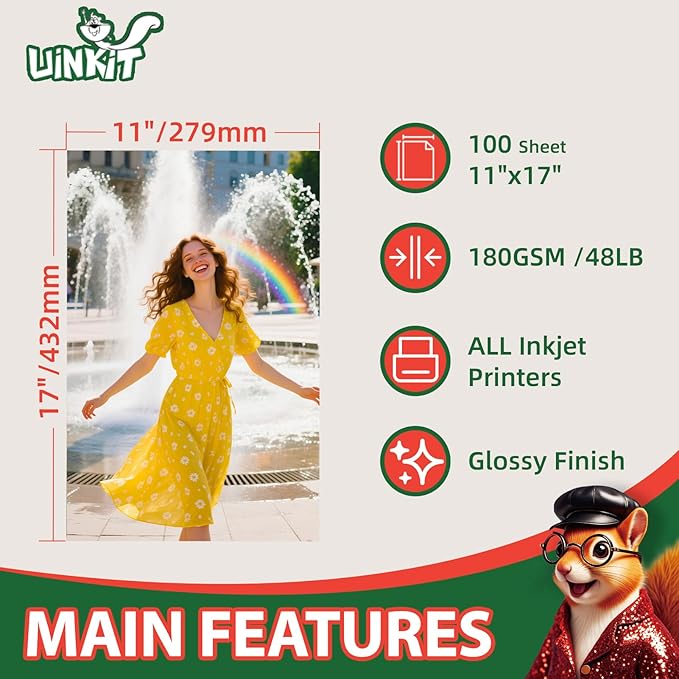 Uinkit Glossy Photo Paper 11x17 Inches 100 Sheets - Inkjet Printer Paper for Photos, Posters, Menus, Invitations - Vivid & Quick Drying Dye Ink Printers, No Curling, Smudge Proof-DeskLoop Office