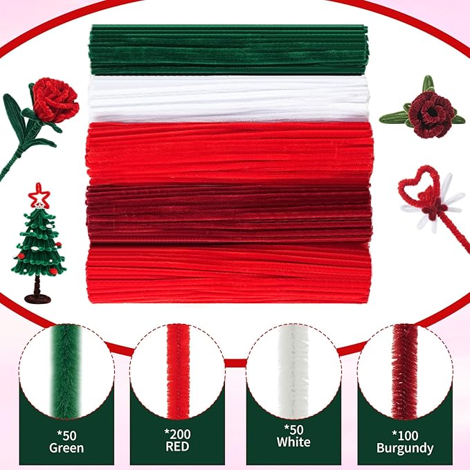400 Pcs Red Pipe Cleaners for Crafts, 4 Colors Chenille Stems Bulk with Floral Wires, Gardening Tape,Hot Glue Stick,Greeting Card,Bouquet Paper, Pearl & Ribbon, Flowers Craft kit for Christmas-DeskLoop Office