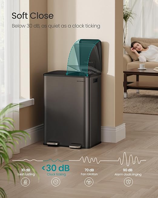 SONGMICS Trash Can, 2 x 8 Gallon (2 x 30 L) Dual-Compartment Garbage Can with Soft-Close Lid, Pedal and Inner Buckets, Stainless Steel, Includes 15 Liner Bags, Slate Gray ULTB741G01-DeskLoop Office