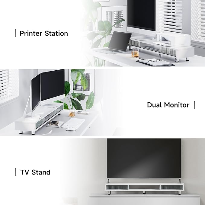 Fenge Dual Monitor Stand, 42.5inch Long Monitor Stands Riser for 2 Monitors, Sliding Door with Storage Organizer Stand for Desk, 2 Tier Desk Shelf for Laptop, Pc, Printer, Computer, TV-DeskLoop Office