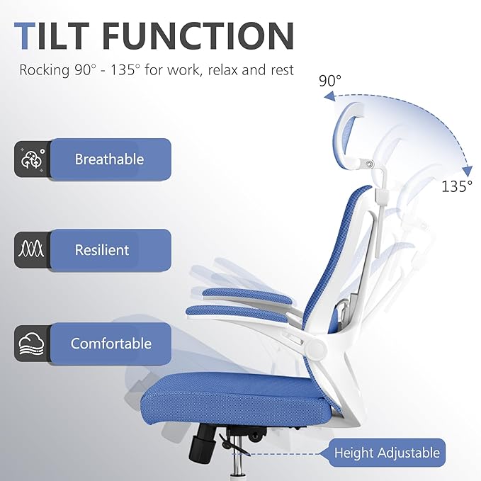 Office Chair,Ergonomic Comfy Home Desk Chair with 350LBS Capacity,High Back Gaming Chair with Wheels,Mesh Computer Chair,Lumbar Support, Adjustable Headrest,Flip-up Armrest-DeskLoop Office