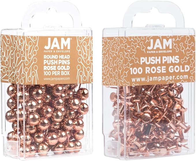 JAM PAPER Colorful Push Pins - Flat & Round Head Thumb Tack Combo Set - Rose Gold Pushpins - 200/Pack-DeskLoop Office