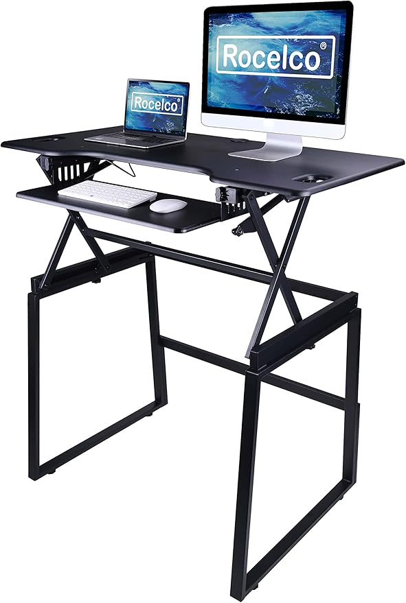 Rocelco 46" Large Height Adjustable Standing Desk BUNDLE - Quick Sit Stand Up Dual Monitor Riser - Tall Gas Spring Assist Computer Workstation - Retractable Keyboard Tray - Black (R DADRB-46-FS2)-DeskLoop Office