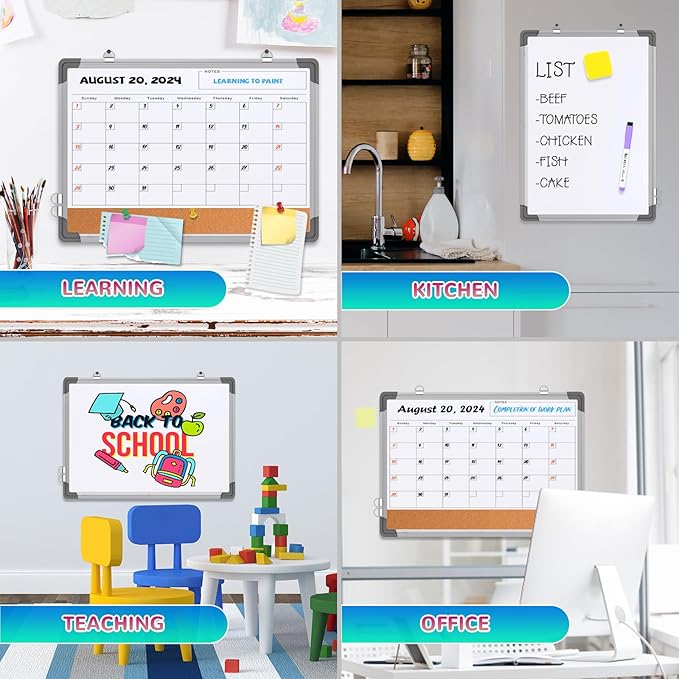 Monthly Calendar Whiteboard Dry Erase Cork Board Combination for Wall, 24"x18" Magnetic Dry Erase Board, Double-Sided White Board, Portable Board for Office, Kitchen, Planning, Memo, School, Home-DeskLoop Office