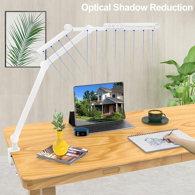 Micomlan Led Desk Lamp for Home Office, White Architect Desk Lamp with Clamp for Crafting, 24W Bright Rotatable Led Table Light Stepless Dimming Tempering Wide Computer Light with Atmosphere Lighting-DeskLoop Office