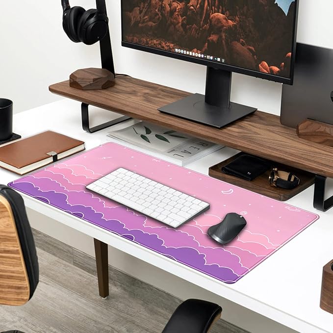 Kawaii Mouse Pad Desk Gaming Accessories Cute Clouds XXL Mouse Pad Pink Anime Office Decor Desk Mousepad Large, 31.5x15.7in Extended Keyboard Mousepad for Desk Girl with Stitched Edges Non-Slip-DeskLoop Office