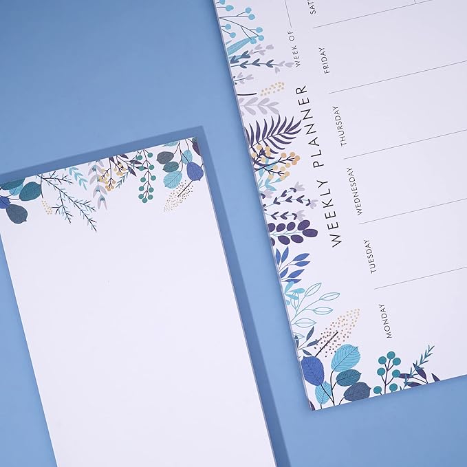 Weekly Planner Notepad Tear Off Set of 2 Weekly Calendar Pad 52 Undated To Do List Notepad Sheets Desk Planner Planning Pads Productivity Tracker for Work Goals Notes Schedule Ideas, Floral Blue-DeskLoop Office