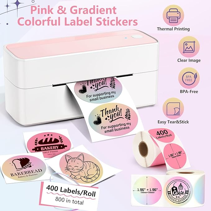 2 Rolls Colorful Thermal Labels,1.96'' Round Label Sticker for Phomemo 241BT,for MUNBYN 130B/RW402B Printer,800Pcs Waterproof Label Paper for Address/Logo/Barcode/Name/Thanks-DeskLoop Office