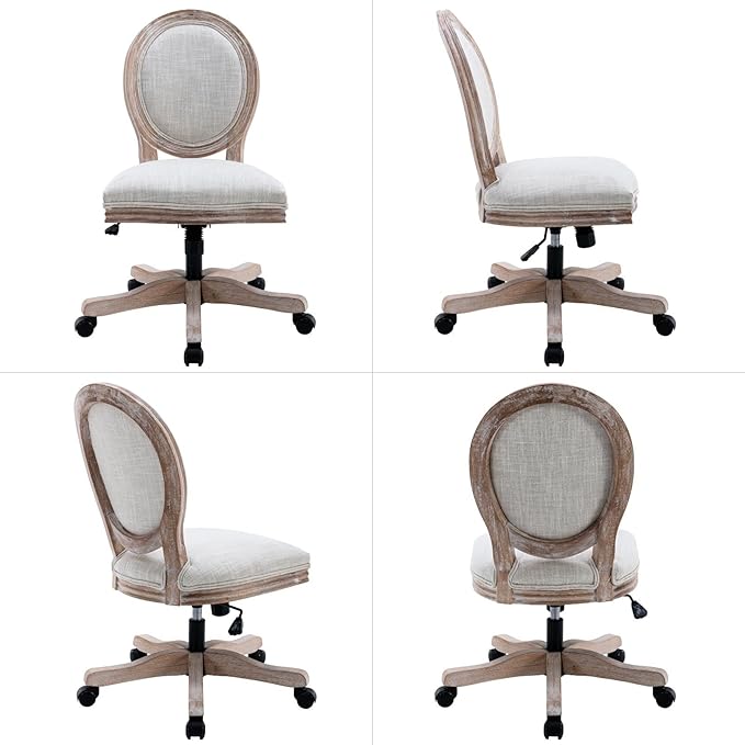 LukeAlon Vintage Linen Office Chair, Adjustable Height Swivel Task Chair with Wood Frame Armless Desk Chair with Wheels Upholstered Round Back Vanity Chair for Home Office Study Room, Beige-DeskLoop Office