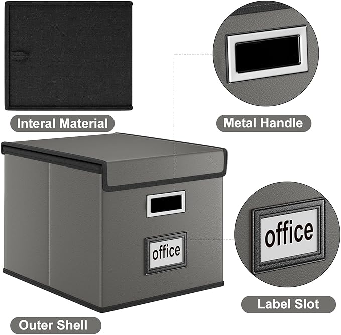 Huolewa Faux Leather File Organizer Box with Lid, Collapsible Hanging File Folder Box Organizer with Plastic Slides, Decorative Home/Office Filing System Boxes for File and Folders Storage-DeskLoop Office