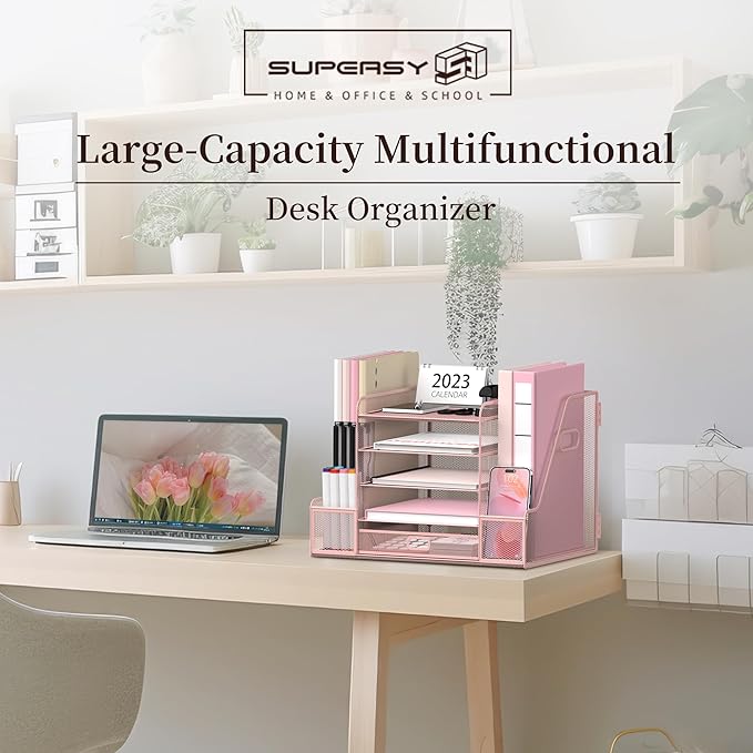 SUPEASY Mesh Desk Organizer with File Holder, 5-Tier Paper Letter Tray Organizer with Magazine Holder, Desktop Organizer and Storage with Drawer for Office Supplies Home or School, Pink-DeskLoop Office